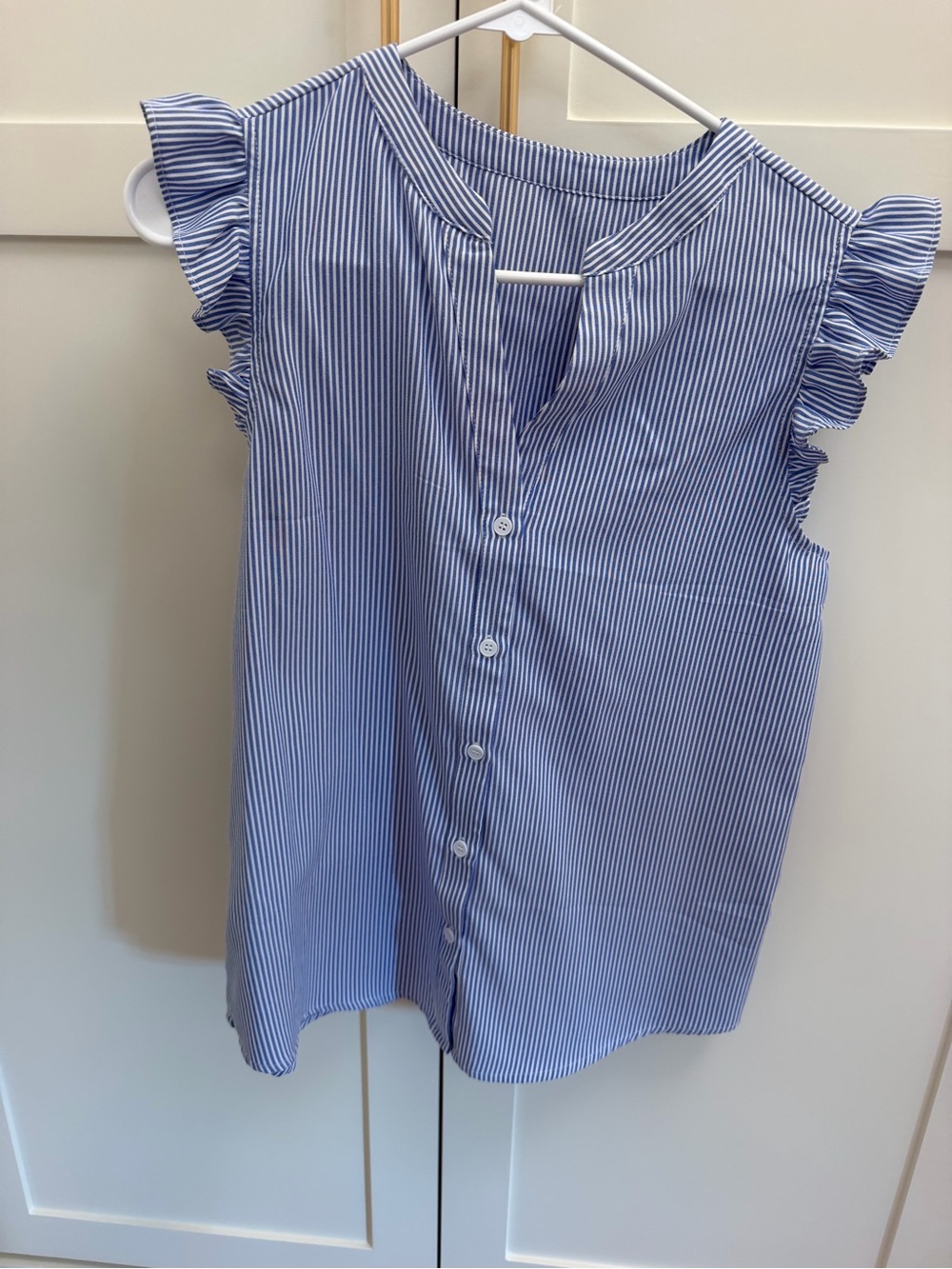 Amazon Blue and White Striped Ruffle Sleeve Button-Down Top